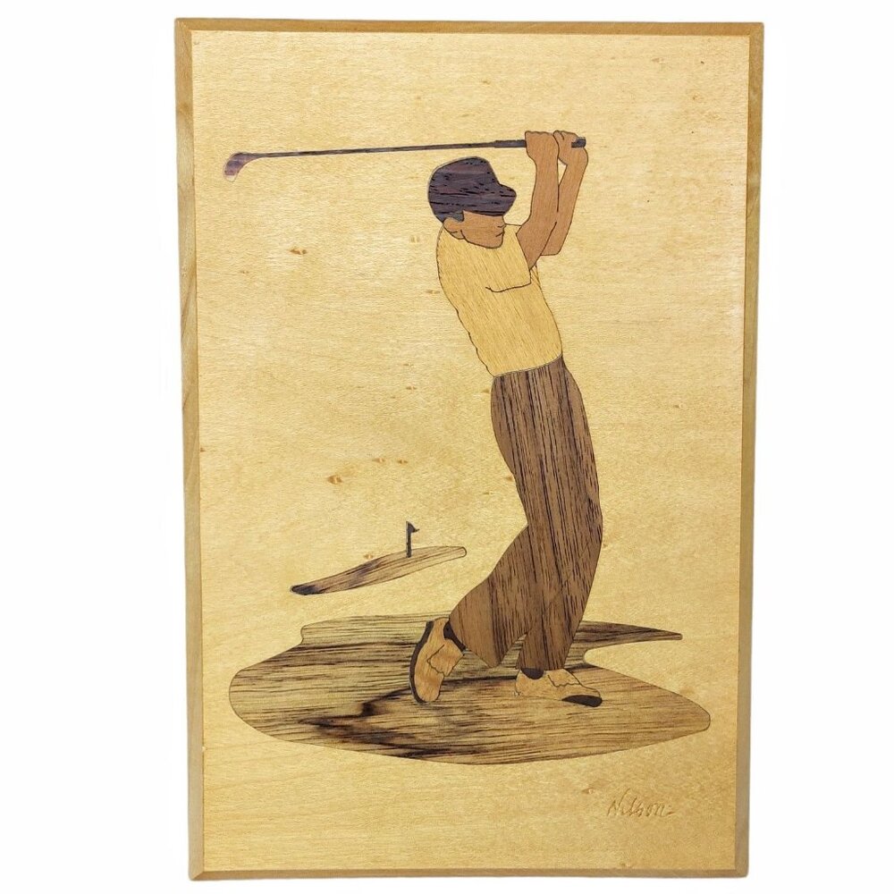 Wood Inlay Marquetry Golf Driver Art By Jeff Nelson  Signed  9"x6"
